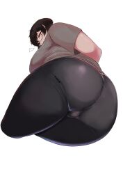 1girl absurdres arm_behind_back ass bike_shorts black_hair black_pants breasts brown_eyes cameltoe from_below glasses grey_shirt highres jimiko k-yuuta1133 large_breasts original pants shirt simple_background sweat t-shirt white_background