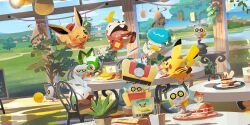 :3 :d artist_request blush blush_stickers ceiling_light chair chalkboard character-themed_food closed_eyes closed_mouth clothed_pokemon coin creatures_(company) eevee flying_sweatdrops food fuecoco furret game_freak gen_1_pokemon gen_2_pokemon gen_6_pokemon gimmighoul gimmighoul_(chest) gimmighoul_(roaming) goomy hanging_plant hat highres indoors nintendo no_humans official_art on_stool one_eye_closed open_mouth pikachu pink_eyes plant pokemon pokemon_(creature) pokemon_cafe_remix pokemon_focus potted_plant quaxly red_hat smile sparkle sprigatito starter_pokemon_trio stool table third-party_source tooth treasure_chest