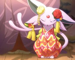 1other blurry bright_pupils clothed_pokemon commentary_request espeon espeon_(pokebuki) forehead_jewel forked_tail gen_2_pokemon highres japanese_clothes kimono long_sleeves looking_down monaka_(hc_pkmn) nintendo one_eye_closed pink_kimono pokemon pokemon_(creature) pokemon_unite purple_eyes sitting tail watermark white_pupils wooden_floor
