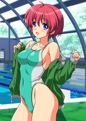 1girl absurdres ahoge blue_eyes breasts commentary_request competition_swimsuit covered_navel cowboy_shot green_jacket green_one-piece_swimsuit highleg highleg_one-piece_swimsuit highres hinomoto_hikari indoors jacket medium_breasts mole mole_under_eye one-piece_swimsuit red_eyes short_hair smile solo standing swimsuit tokimeki_memorial tokimeki_memorial_2 track_jacket two-tone_swimsuit w_arms yuuyuu_(3jjbn)