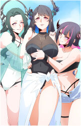 Rule 34 | aqua hair, aradia ravencroft, asymmetrical horns, black hair, blue hair, breasts, colored inner hair, demon horns, family, flower, highres, hololive, hololive english, horn flower, horns, joeboto, large breasts, long hair, looking at viewer, malpha ravencroft, mole, mole under eye, multicolored hair, multiple girls, nerissa ravencroft, pink eyes, pink hair, red eyes, short hair, siblings, sisters, smile, swimsuit, two-tone hair, uneven horns, virtual youtuber, wavy hair