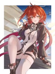 1girl :d arknights black_gloves black_jacket black_shorts blush border brown_nails chinese_commentary commentary cross cross_earrings dated earrings exusiai_(arknights) exusiai_the_new_covenant_(arknights) fingerless_gloves fingernails gloves hair_between_eyes halo hand_in_own_hair highres holding holding_own_hair jacket jewelry knee_up latin_cross long_sleeves looking_at_viewer medium_hair nail_polish open_mouth orange_hair outside_border short_shorts shorts sitting skindentation smile solo thigh_strap thighhighs traditional_halo white_border white_thighhighs yellow_eyes yellow_halo zerosama_(sailuojiang)