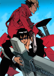 2boys agl_arms_.45_long_colt black_hair blonde_hair break-action_revolver coat fighting_stance fingerless_gloves formal_clothes frown gloves gun handgun high_collar highres katou_haruaki long_coat low_bore_axis_revolver male_focus manly multicolored_hair multiple_boys nicholas_d._wolfwood open_collar red_coat revolver sky suit sunglasses trigun trigun_maximum two-tone_hair vash_the_stampede weapon