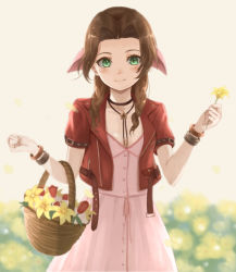 1girl aerith_gainsborough basket black_choker black_neckwear blurry blurry_background bolo_tie bracelet braid breasts brown_hair choker commentary cropped_jacket dress elbow_carry field final_fantasy final_fantasy_vii final_fantasy_vii_remake flower flower_field green_eyes hair_over_shoulder hair_ribbon holding holding_basket holding_flower jacket jewelry lily_(flower) long_dress long_hair looking_at_viewer open_clothes open_jacket petals pink_dress pink_ribbon purea red_flower red_jacket red_tulip ribbon short_sleeves small_breasts smile solo square_enix tulip w_arms white_background white_flower yellow_flower