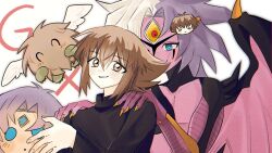 angel_wings black_shirt blue_hair blue_lips blush brown_eyes brown_hair claws collared_shirt demon_girl demon_horns demon_wings doll duel_monster facial_mark hair_ornament hairpin hands_on_another&#039;s_shoulders highres horns kitschmilk multicolored_hair shirt smile spiked_hair third_eye white_hair winged_kuriboh wings yu-gi-oh! yu-gi-oh!_gx yubel yuki_judai