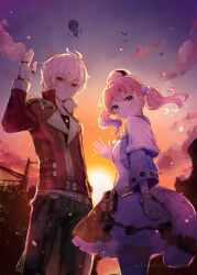 Rule 34 | 1boy, 1girl, absurdres, aircraft, artist name, atelier (series), atelier escha &amp; logy, backlighting, bracelet, closed mouth, cloud, commentary request, cowboy shot, escha malier, fingerless gloves, gloves, green eyes, hair ornament, hand up, highres, hitoba, hot air balloon, jewelry, logix ficsario, long hair, long sleeves, looking at viewer, open hand, outdoors, pink hair, pom pom (clothes), pom pom hair ornament, pouch, short hair, simple bird, skirt, sky, smile, standing, sun, sunset, twintails, watermark, watermark grid, white hair