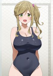 Rule 34 | 1girl, arms behind back, blonde hair, blue one-piece swimsuit, blush, breasts, cleavage, covered navel, fang, fang out, fuooooo, green eyes, hair bobbles, hair ornament, inuyama aoi, large breasts, long hair, looking at viewer, one-piece swimsuit, open mouth, side ponytail, sidelocks, skin fang, smile, solo, swept bangs, swimsuit, thick eyebrows, wet, yurucamp