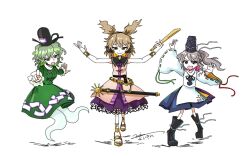 Rule 34 | 3girls, bare shoulders, belt, black belt, black boots, black bow, black bowtie, black hat, black skirt, blue hat, blue skirt, boots, bow, bowtie, bracelet, breasts, brown hair, brown shirt, closed mouth, collared shirt, detached sleeves, dress, earmuffs, frilled sleeves, frills, ghost, ghost girl, ghost tail, gold bracelet, green dress, green eyes, green hair, grey eyes, grey hair, hair ears, hands up, hat, high ponytail, holding baton, japanese clothes, jewelry, kariginu, layered clothes, layered skirt, layered sleeves, long hair, looking at viewer, medium hair, mononobe no futo, multiple girls, ofuda, ofuda on clothes, open mouth, outstretched arms, pleated skirt, pom pom (clothes), ponytail, purple bow, purple bowtie, purple skirt, ribbon-trimmed skirt, ribbon-trimmed sleeves, ribbon trim, ritual baton, sandals, scabbard, sheath, shirt, signature, simple background, skirt, sleeveless, sleeveless shirt, sleeves past wrists, smile, smug, soga no tojiko, standing, sun ornament, sword, tate eboshi, ten desires, touhou, toyosatomimi no miko, turtleneck, wavy hair, weapon, white background, white bow, white shirt, white sleeves, yellow belt, yellow eyes, yellow sandals, yoiy san