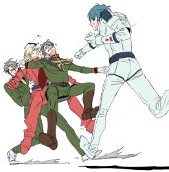 4boys age_comparison anger_vein blonde_hair blue_eyes blue_hair boots boy_sandwich challia_bull char_aznable clenched_hand closed_eyes collared_shirt dual_persona epaulettes falling full_body gloves grey_hair gundam gundam_gquuuuuux highres in-franchise_crossover jacket kamille_bidan long_sleeves mecha_pilot_suit military_jacket military_uniform multiple_boys necktie pants punched sandwiched shirt short_hair simple_background sweatdrop uno87s unworn_eyewear white_background zeta_gundam