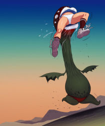 1girl bad_deviantart_id bad_id exmile kicking legs lower_body mario_(series) mountain nintendo panties piranha_plant plant running shiny_skin shoes struggling stuck sunset super_mario_bros._1 underwear upskirt vore white_panties