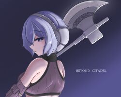 1girl absurdres ammunition_pouch axe beyond_citadel bikini blue_background breasts copyright_name gloves grey_bikini grey_gloves highres holding holding_weapon looking_at_viewer looking_back martyr_(the_citadel) nagisedesu pouch purple_eyes purple_hair short_hair simple_background solo sports_bra swimsuit the_citadel weapon
