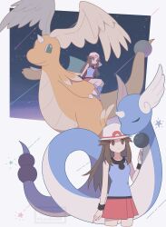 Rule 34 | 1girl, 343rone, absurdres, blue shirt, breasts, brown eyes, brown hair, bucket hat, claws, closed eyes, closed mouth, dragon, dragonair, dragonite, feathered wings, flying, full body, gen 1 pokemon, happy, hat, head wings, highres, horns, leaf (pokemon), long hair, loose socks, mega dragonite, mega pokemon, night, night sky, nintendo, pokemon, pokemon (creature), pokemon frlg, porkpie hat, red skirt, shirt, single horn, skirt, sky, sleeveless, sleeveless shirt, smile, socks, tail, white hat, wings, wristband