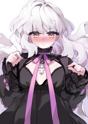 1girl ahoge black_dress blush dress grey_hair highres long_hair looking_at_viewer lt mabinogi multicolored_eyes purple_eyes rowan_(mabinogi) two-tone_eyes yellow_eyes