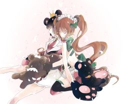 10s 2girls animal_ears animal_hands bear bear_ears bear_paws brown_hair camelot closed_eyes crown long_hair maid_headdress multiple_girls short_hair twintails yuri yuri_kuma_arashi yurigasaki_lulu yurishiro_ginko