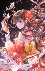 1girl bare_shoulders blush bow breasts brown_eyes brown_hair bubble closed_mouth collarbone dress fish flower frills hair_bow hair_flower hair_ornament highres koi long_hair looking_at_viewer medium_breasts mole mole_under_eye orange_dress original ribbon sakura_moyon sideboob smile solo strapless strapless_dress yellow_bow