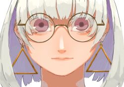 blunt_bangs bob_cut close-up closed_mouth earrings glasses highres jewelry large_earrings lips looking_at_viewer nose original purple_eyes round_eyewear sekisouseki simple_background thick_eyelashes triangle_earrings white_background white_hair yellow-framed_eyewear