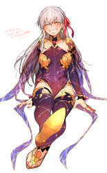 1girl armor ass bikini_armor breasts closed_eyes detached_sleeves dress fate/grand_order fate_(series) goshiko86g grey_hair grin hair_ribbon happy high_heels highres jewelry kama_(fate) kama_(second_ascension)_(fate) large_breasts long_hair lotus_print nail_polish pink_eyes purple_dress ribbon ring sitting smile solo thighhighs thong very_long_hair white_background white_hair