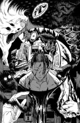 blood blood_on_clothes blood_on_face blood_on_hands bloodshot_eyes ceiling_light claws clenched_teeth closed_mouth collared_shirt disembodied_mouth door elien fang fisheye frown getou_suguru greyscale hair_slicked_back highres jujutsu_kaisen lock male_focus monochrome shirt tally teeth