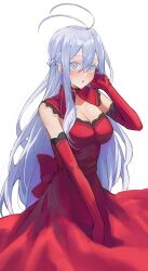 1girl 86_-eightysix- :o absurdres antenna_hair blush braid breasts cleavage dress elbow_gloves gloves grey_eyes grey_hair hair_between_eyes hand_in_own_hair hand_up highres kaze_22 long_hair looking_at_viewer medium_breasts red_dress red_gloves simple_background solo very_long_hair vladilena_millize white_background white_hair
