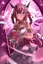 1girl absurdres asymmetrical_wings bare_shoulders black_horns blue_eyes bouquet breasts cleavage cleavage_cutout clothing_cutout cowboy_shot detached_wings dress flower heterochromia highres hololive hololive_english horns irys_(hololive) large_breasts pink_petals purple_background purple_eyes purple_hair purple_wings red_hair rokusketch solo wedding wedding_dress white_dress white_wings window wings
