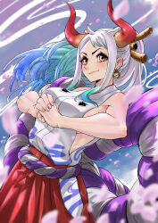 absurdres aqua_hair bare_arms bare_shoulders blue_hair blue_sky breasts clenched_hand closed_mouth cowboy_shot demon_horns earrings eyelashes fingernails floating_hair gold_earrings gradient_hair gradient_horns hair_ornament hairpin hakama happy highres hoop_earrings horns japanese_clothes jewelry jungle_taitei kimono lipstick looking_at_viewer makeup medium_breasts multicolored_hair multicolored_horns multiple_hairpins one_piece orange_horns outdoors own_hands_together pink_lips pink_nails pointy_nose ponytail red_hakama red_horns sideboob sky sleeveless sleeveless_kimono smirk solo standing taiju_(gr09kuma) toned white_hair wind yamato_(one_piece) yellow_eyes