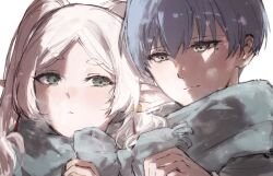 Rule 34 | blue hair, blue scarf, blush, closed mouth, double-parted bangs, elf, frieren, green eyes, hair between eyes, highres, himmel (sousou no frieren), light smile, long hair, looking at another, moku (muooku), mole, mole under eye, pointy ears, scarf, shared clothes, shared scarf, short hair, sidelocks, sousou no frieren, twintails, tying, white hair