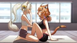 2girls absurdres animal_ears bell black_shirt blush clenched_teeth closed_eyes covering_own_mouth exercising filian_(vtuber) fox_ears fox_girl fox_tail franek89 gym_shirt gym_shorts hair_bell hair_ornament highres holding_another&#039;s_legs indie_virtual_youtuber multiple_girls orange_hair shirt shorts shyrei_faolan sweat tail teeth virtual_youtuber white_hair white_shirt yuri