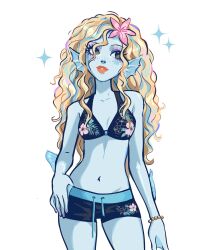 1girl bead_bracelet beads bikini blonde_hair blue_skin bracelet colored_skin commentary cowboy_shot drawstring english_commentary eyeshadow fins fish_girl floral_print flower freckles hair_flower hair_ornament head_fins highres jewelry lagoona_blue long_hair makeup mistyxxart monster_girl monster_high monster_high_(g1) multicolored_hair navel purple_eyeshadow shorts simple_background solo standing streaked_hair swimsuit wavy_hair webbed_hands white_background