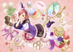 black_skirt boots bottle box braid clock green_eyes high_heels hosokawa_gracia japanese_clothes jewelry key kimono lace-trimmed_sleeves lace_trim leg_up lying mirror obi on_stomach perfume_bottle pleated_skirt red_hair ribbon sash scissors sengoku_musou skirt thighhighs white_thighhighs