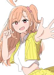 Rule 34 | 1girl, :d, ahoge, blush, commentary, cropped shirt, hair ornament, hair scrunchie, highres, holding, holding own hair, ikizulive! love live! bluebird, jacket, love live!, midriff, official alternate costume, one side up, open clothes, open jacket, open mouth, orange hair, outstretched arm, pink scrunchie, pinstripe jacket, pinstripe pattern, pinstripe skirt, red eyes, scrunchie, shirt, short-sleeved jacket, short sleeves, simple background, skirt, smile, solo, takahashi polka, upper body, what is my life? (love live!), white background, white shirt, yellow jacket, yellow skirt, yozorapi
