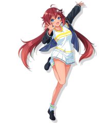 1girl arm_up black_jacket black_shoe blue_eyes dark_skin dot_nose eyebrows eyelashes game_cg hair_between_eyes hands_up highres idol jacket long_hair official_art open_mouth red_hair shirt skirt socks solo standing standing_on_one_leg thighs tongue very_long_hair white_shirt white_skirt white_socks world_dai_star yonaguni_hikari