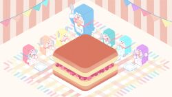 &gt;_&lt; ^_^ animal_collar banban953 bell berry black_eyes cake carpet cat chinese_commentary clone closed_eyes closed_mouth collar commentary_request doraemon doraemon_(character) food fork garland_(decoration) highres holding holding_fork holding_knife indoors knife minecraft neck_bell open_mouth oversized_food oversized_object parody plate rainbow_order red_collar sitting smile standing style_parody whiskers