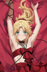 1girl absurdres blonde_hair blush braid breasts fate/apocrypha fate_(series) green_eyes highres long_hair looking_at_viewer mordred_(fate) mordred_(fate/apocrypha) parted_bangs ponytail sidelocks small_breasts solo tonee