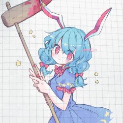 1girl ambiguous_red_liquid animal_ears blue_dress blue_hair blush closed_mouth crescent_print dress earclip highres kine long_hair m_(m073111) mallet open_mouth rabbit_ears red_eyes seiran_(touhou) short_sleeves solo star_(symbol) star_print touhou twitter_username upper_body