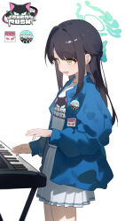 1girl absurdres airi_(band)_(blue_archive) airi_(blue_archive) black_hair blue_archive blue_jacket blush bow eco_376124 hair_bow half_updo halo highres instrument jacket keyboard_(instrument) logo long_hair long_sleeves music playing_instrument pleated_skirt print_shirt shirt simple_background skirt smile solo standing very_long_hair white_background white_shirt white_skirt