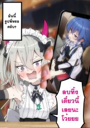 Rule 34 | bare shoulders, cosplay, dinosaur, dress, elbow gloves, frilled dress, frills, gloves, grey hair, hair between eyes, highres, horns, indie virtual youtuber, jewelry, maid headdress, mushoku tensei, nagisa-chan (nakatokung), nakatokung, necklace, nervous sweating, open mouth, panicking, purple eyes, real life insert, roxy migurdia, roxy migurdia (cosplay), sweat, translated
