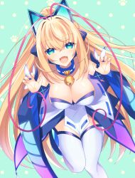 1girl absurdres animal_ears antenna_hair azure_striker_gunvolt bell blonde_hair breasts bug butterfly cat_ears claw_pose cleavage collar collar_bell female_focus green_eyes highres idol insect large_breasts lololotton long_hair looking_at_viewer lumen_(gunvolt) multicolored_hair pink_hair revealing_clothes tagme
