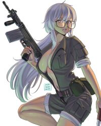 1girl absurdres belt black-framed_eyewear breast_pocket breasts charlotte_bronte_(evenicle) cleavage commentary english_commentary evenicle_(series) evenicle_2 glasses green_shirt green_shorts gun highres holding holding_gun holding_weapon long_hair looking_at_viewer navel no_bra pocket pouch puto_trash shirt shorts simple_background sleeves_rolled_up solo stomach weapon weapon_request white_background