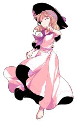 1girl ;) ^_^ alphes_(style) bare_arms bare_legs barefoot blonde_hair bow breasts closed_eyes closed_mouth commentary_request dairi full_body hair_between_eyes hat hat_bow highres leg_up long_skirt looking_at_viewer looking_up louise_(touhou) medium_breasts neckerchief one_eye_closed parody purple_bow purple_neckerchief purple_sailor_collar sailor_collar shirt short_hair short_sleeves skirt skirt_set smile solo standing standing_on_one_leg style_parody touhou touhou_(pc-98) transparent_background tsurime v-shaped_eyebrows white_hat white_shirt white_skirt