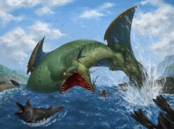 absurdres animal bird colored_sclera colored_skin commentary day dragon english_commentary giant giant_monster green_skin highres hold111 monster no_humans open_mouth original outdoors penguin sharp_teeth sky slit_pupils splashing teeth water webbed_hands wings yellow_sclera