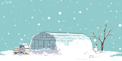 bare_tree commentary_request creatures_(company) day game_freak gen_8_pokemon green_background motor_vehicle musashi_moo-sun nintendo no_humans outdoors pokemon pokemon_(creature) signature snom snow snowing snowman tree truck