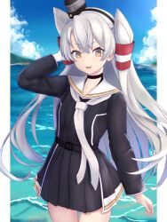 Rule 34 | 1girl, amatsukaze (kancolle), amatsukaze kai ni (kancolle), belt, black dress, braid, brown eyes, commentary request, cowboy shot, dress, gloves, grey hair, hair tubes, hat, highres, kantai collection, kotou yogen, long hair, mini hat, neckerchief, pleated dress, sailor collar, single braid, smile, smokestack hair ornament, solo, standing, white gloves, white neckerchief, white sailor collar