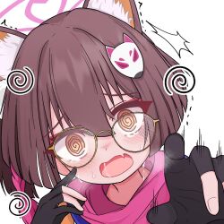 1girl @_@ animal_ear_fluff animal_ears black_gloves blue_archive brown_eyes brown_hair commentary_request extra_ears fang fox_ears fox_girl fox_hair_ornament glasses gloves halo izuna_(blue_archive) jchanmul korean_commentary looking_at_viewer partially_fingerless_gloves pink_hair pink_halo short_hair simple_background skin_fang solo white_background