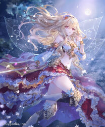 bare_shoulders blonde_hair boots breasts character_request cloud commentary_request detached_sleeves fairy_wings floating_hair frilled_skirt frills full_moon hair_between_eyes hand_up high_heel_boots high_heels highres holding holding_sword holding_weapon knee_boots long_hair long_sleeves looking_at_viewer medium_breasts moon navel night night_sky official_art onineko outdoors puffy_long_sleeves puffy_sleeves red_eyes red_skirt shadowverse shadowverse:_worlds_beyond skirt sky star_(sky) starry_sky sword transparent_wings very_long_hair weapon white_sleeves wings