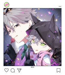 1boy 1girl :q absurdres ahoge black_eyes candy collared_shirt demon_girl demon_horns fate/grand_order fate_(series) food gradient_hair green_eyes grey_hair hair_between_eyes highres holding holding_candy holding_food holding_lollipop hood hood_up horns james_moriarty_(ruler)_(fate) lightning_ahoge lilith_(fate) lollipop long_hair looking_at_viewer multicolored_hair necktie open_mouth pink_hair shirt short_hair smile sweatdrop sweater_vest tia_(cocorosso) tongue tongue_out v