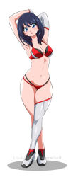 Rule 34 | 1girl, arms behind head, bikini, black hair, blue eyes, breasts, cleavage, cropped legs, dolphin wave, elbow gloves, full body, gloves, gridman universe, inferno (nanbu14), kirishima uniform, layered bikini, long hair, looking at viewer, medium breasts, red bikini, simple background, single elbow glove, single thighhigh, solo, ssss.gridman, standing, swimsuit, takarada rikka, thighhighs, white background, white gloves, white thighhighs