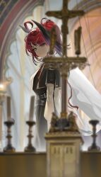 1girl absurdres ahoge arknights belt black_belt black_dress blurry blurry_foreground braid candle candlestand capelet character_request commentary curtains dress earrings from_side grey_eyes hair_ornament highres horns indoors jewelry long_hair looking_at_viewer red_hair shale solo white_sleeves