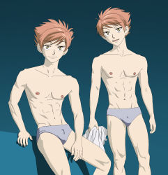 Rule 34 | 2boys, blue background, highres, hikaru hitachiin, kaoru hitachiin, knees, legs, male focus, multiple boys, muscular, muscular male, nipples, ouran high school host club, pink hair, sexyanimes, siblings, sitting, standing, twins, underwear, yellow eyes