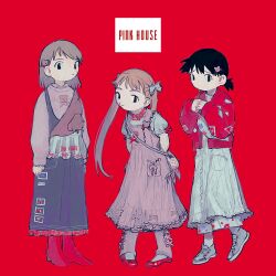 Rule 34 | 3girls, alien nine, alternate costume, animal bag, bear bag, black eyes, black hair, blue dress, brown eyes, brown hair, closed mouth, cof6ta7w, dress, fashion, frilled dress, frills, full body, highres, jacket, kawamura kumi, long hair, long sleeves, looking at viewer, multiple girls, ootani yuri, own hands together, pink dress, pink sweater, red background, red footwear, red jacket, shoes, short hair, simple background, smile, standing, sweater, tomine kasumi, twintails