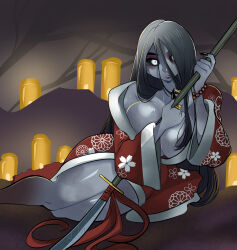 Rule 34 | 1girl, absurdres, breasts, colored skin, eyeshadow, female focus, fingernails, ghost, grey skin, highres, hisako (killer instinct), japanese clothes, killer instinct, kimono, large breasts, long hair, looking at viewer, makeup, missandydandy, onryo, polearm, sharp fingernails, sharp teeth, solo, spear, sunken eyes, teeth, thick thighs, thighs, undead, weapon
